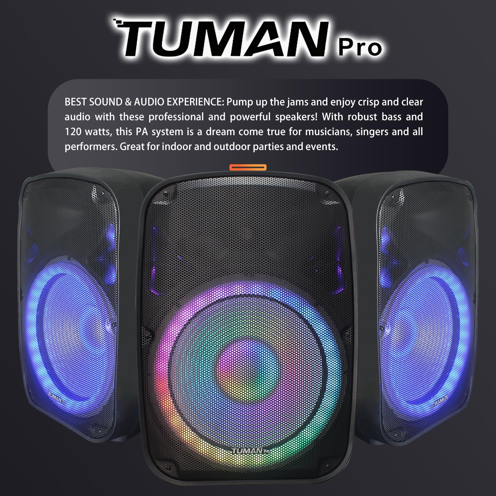 TUMAN Pro Portable 15-Inch PA Speaker System DJ Amplified Loud Speaker with Stand Bluetooth/USB/SD Card Reader/FM Radio/Remote C